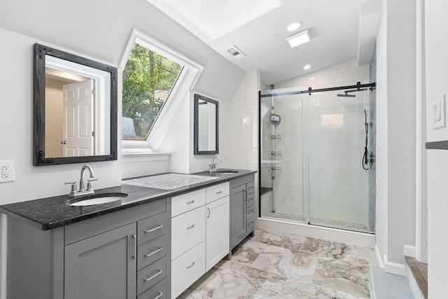 410 Sunset Forest Dr, Hawley, PA 18428 - bathroom with lofted ceiling, a stall shower, double vanity, recessed lighting, and marble finish floors