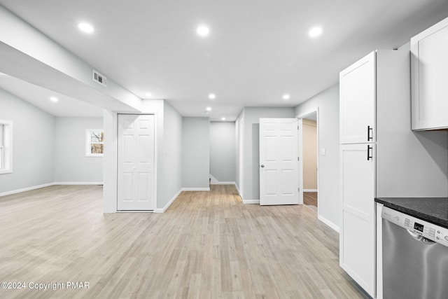 basement featuring recessed lighting, baseboards, visible vents, and light wood finished floors