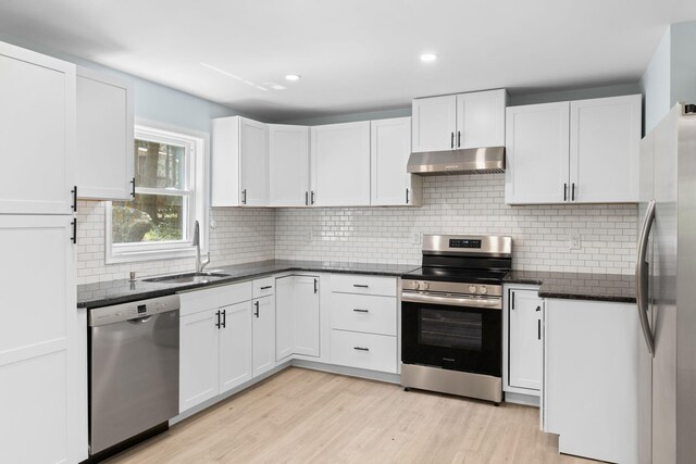 410 Sunset Forest Dr, Hawley, PA 18428 - kitchen with appliances with stainless steel finishes, under cabinet range hood, a sink, light wood-style floors, and white cabinets
