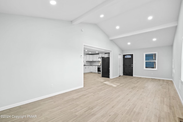 unfurnished living room featuring light wood-style floors, baseboards, beamed ceiling, and recessed lighting