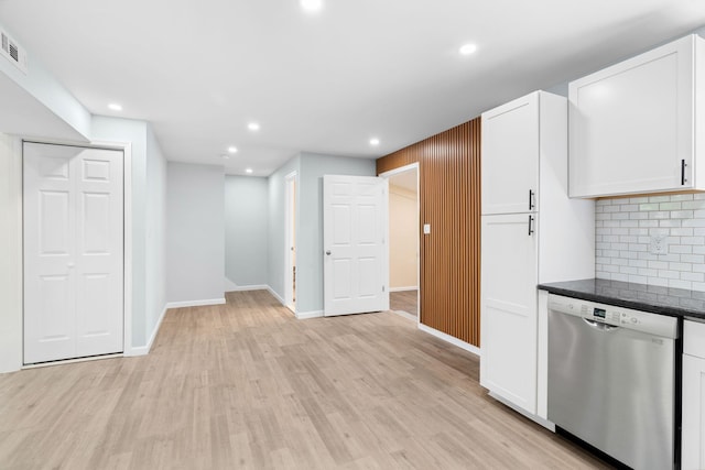 410 Sunset Forest Dr, Hawley, PA 18428 - kitchen with stainless steel dishwasher, white cabinets, light wood finished floors, baseboards, and tasteful backsplash