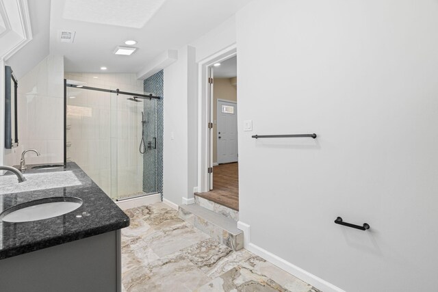 410 Sunset Forest Dr, Hawley, PA 18428 - bathroom with a shower stall, baseboards, double vanity, and recessed lighting
