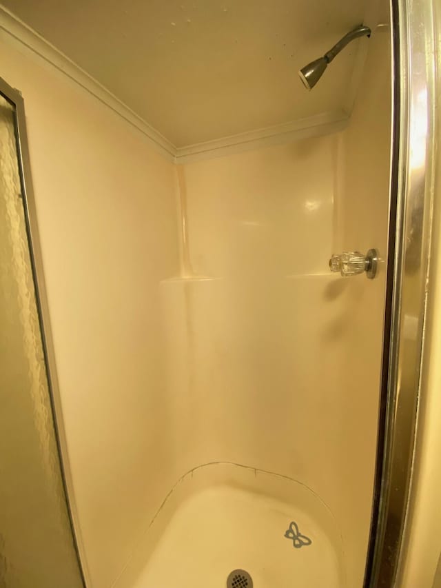 bathroom with ornamental molding and a stall shower