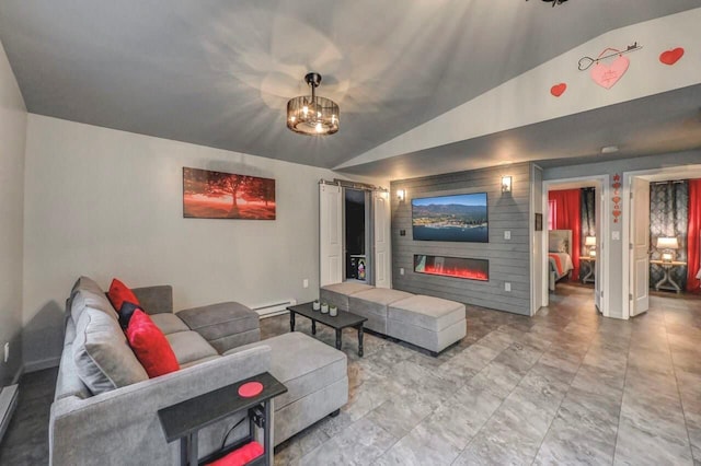 living room featuring vaulted ceiling, a fireplace, a chandelier, a baseboard heating unit, and baseboards