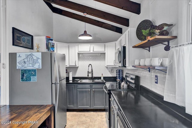 kitchen with open shelves, appliances with stainless steel finishes, a sink, and decorative backsplash