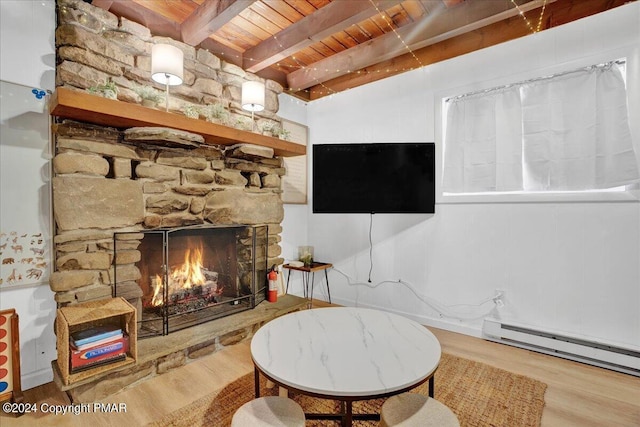 sitting room featuring a stone fireplace, wooden ceiling, wood finished floors, baseboard heating, and beam ceiling