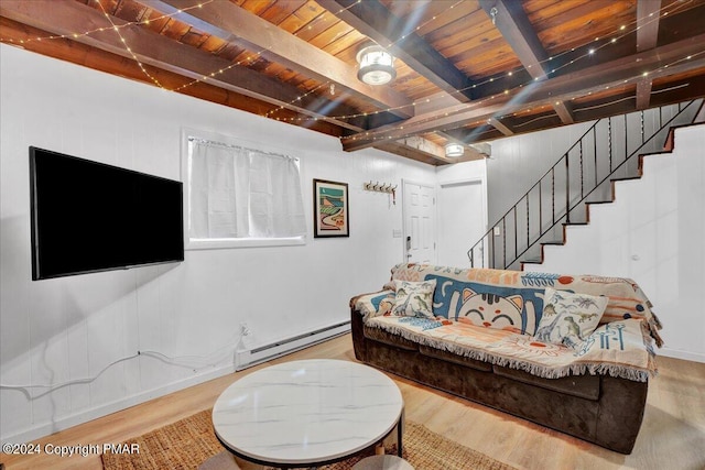 living area with a baseboard radiator, wood finished floors, wood ceiling, stairs, and beamed ceiling