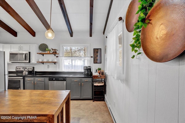 kitchen featuring decorative light fixtures, open shelves, backsplash, gray cabinetry, and appliances with stainless steel finishes