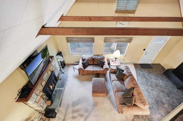 173 Pontiac Path, Pocono Lake, PA 18347 - living area featuring beam ceiling and a fireplace