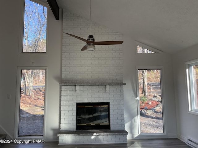 details featuring baseboards, ceiling fan, a fireplace, wood finished floors, and a baseboard radiator