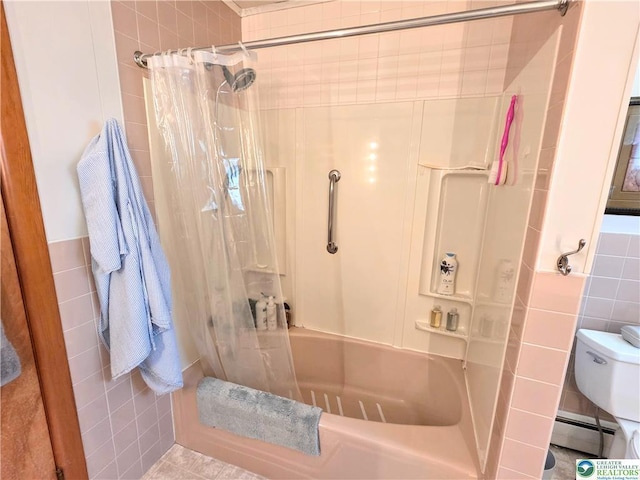full bathroom with tile walls, a baseboard heating unit, toilet, and shower / bath combination with curtain