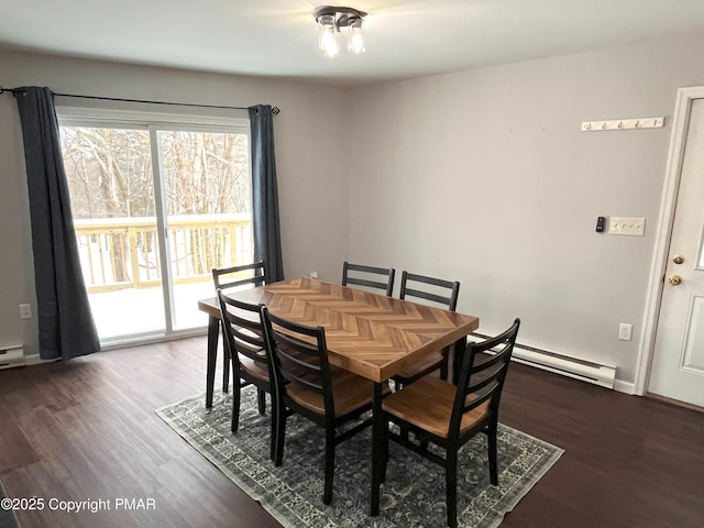 dining area with dark hardwood / wood-style flooring and a baseboard heating unit