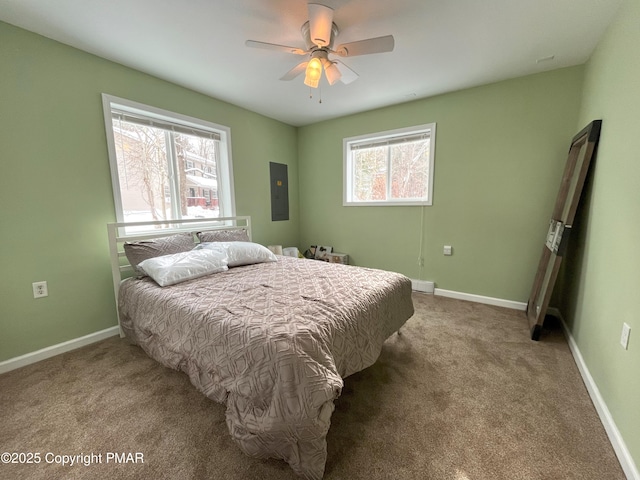 carpeted bedroom with ceiling fan, electric panel, and multiple windows