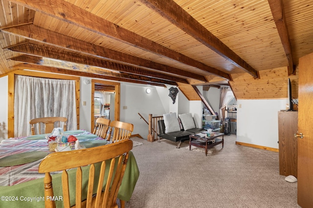 dining area featuring baseboards, beam ceiling, wooden ceiling, and carpet flooring