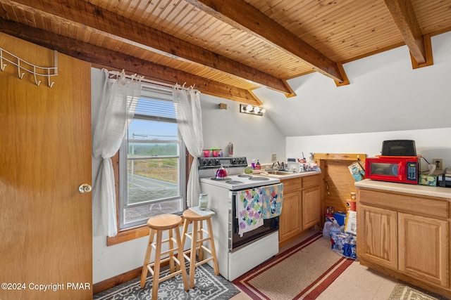 kitchen featuring white range with electric cooktop, wood ceiling, lofted ceiling with beams, light countertops, and a sink