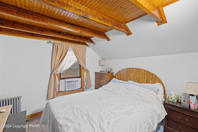 bedroom featuring cooling unit, lofted ceiling with beams, radiator heating unit, wood ceiling, and carpet flooring