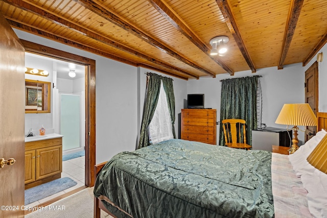 bedroom with light tile patterned floors, beamed ceiling, and wood ceiling