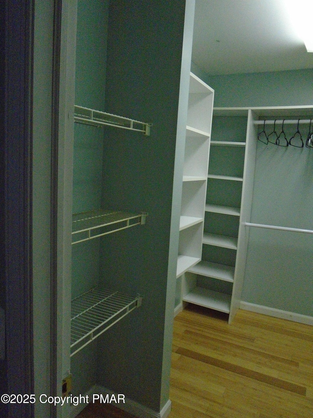 walk in closet with wood finished floors