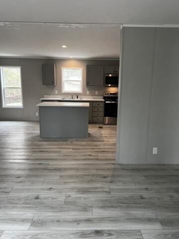 132 Spruce St, Greentown, PA 18426 - kitchen featuring range, stainless steel microwave, light wood-style flooring, and light countertops