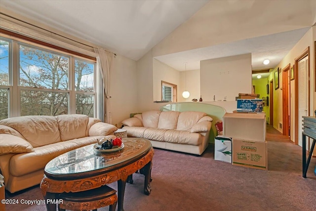 living room featuring vaulted ceiling and carpet flooring