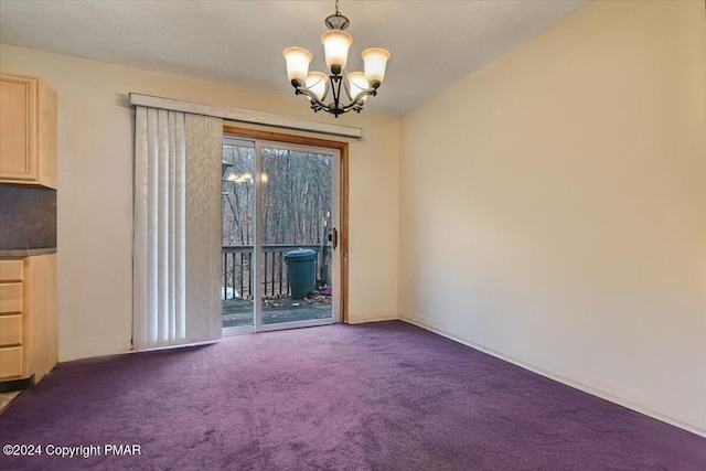 unfurnished dining area featuring an inviting chandelier and carpet flooring