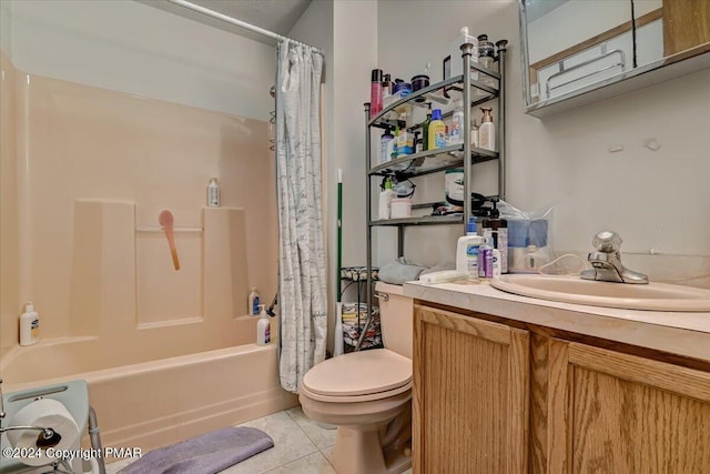 full bathroom featuring shower / tub combo with curtain, vanity, toilet, and tile patterned floors