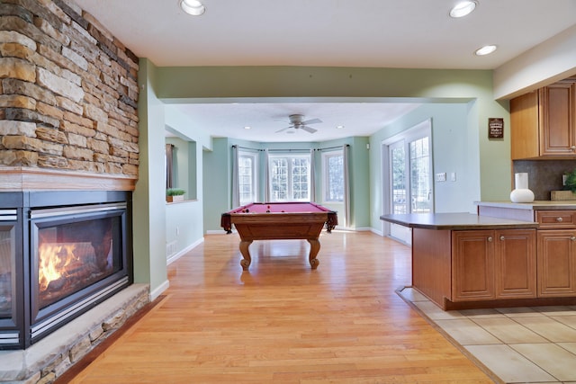 rec room with billiards, visible vents, light wood finished floors, recessed lighting, and a fireplace