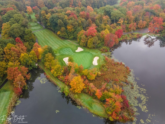 drone / aerial view featuring a wooded view, view of golf course, and a water view