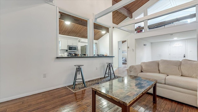 725 Clearview Dr, Long Pond, PA 18334 - living room featuring dark wood-style floors, baseboards, high vaulted ceiling, and wood ceiling with exposed beams
