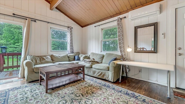 725 Clearview Dr, Long Pond, PA 18334 - living area with a wall unit AC, hardwood / wood-style floors, wood ceiling, and a decorative wall