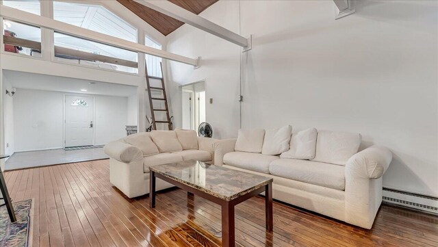 725 Clearview Dr, Long Pond, PA 18334 - living room with a baseboard heating unit, hardwood / wood-style floors, high vaulted ceiling, and beamed ceiling