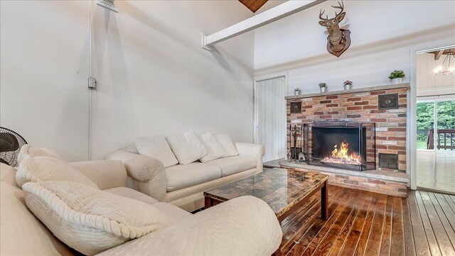 725 Clearview Dr, Long Pond, PA 18334 - living room featuring hardwood / wood-style floors and a brick fireplace