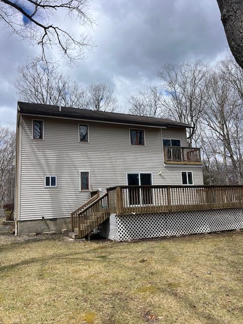 1292 Brentwood Dr, East Stroudsburg, PA 18301 - rear view of property with a balcony, a lawn, a deck, and crawl space