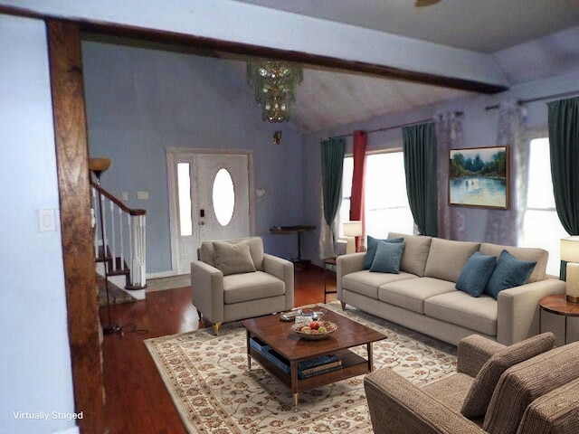 1292 Brentwood Dr, East Stroudsburg, PA 18301 - living area featuring stairway, lofted ceiling, and wood finished floors