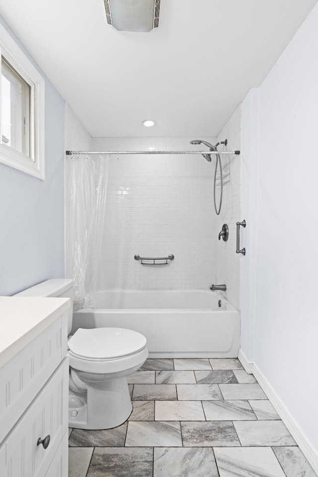 104 Serling St, Dupont, PA 18641 - full bath with shower / bathtub combination with curtain, toilet, vanity, recessed lighting, and marble look tiles