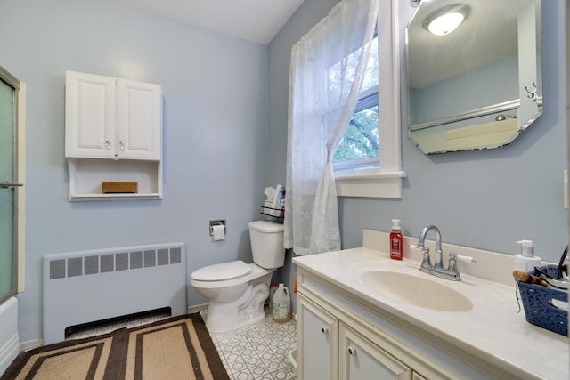 5245 Glenbrook Rd, Stroudsburg, PA 18360 - full bathroom featuring radiator heating unit, toilet, vanity, and a shower