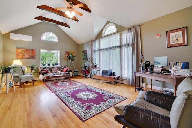 5245 Glenbrook Rd, Stroudsburg, PA 18360 - living room with high vaulted ceiling, ceiling fan, wood finished floors, a wall mounted air conditioner, and an office area
