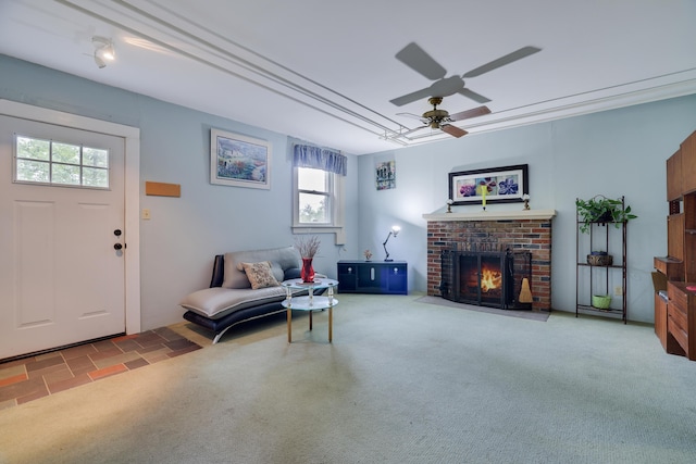 5245 Glenbrook Rd, Stroudsburg, PA 18360 - living room with carpet, ceiling fan, and a fireplace
