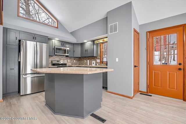 kitchen featuring stainless steel appliances, a center island, light wood-type flooring, and decorative backsplash