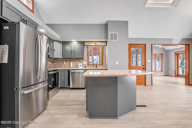 kitchen featuring lofted ceiling, a breakfast bar area, gray cabinetry, appliances with stainless steel finishes, and a kitchen island