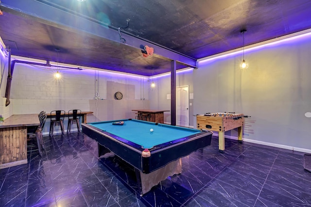 982 Long Ridge Rd, Hawley, PA 18428 - game room featuring marble finish floor, baseboards, pool table, and concrete block wall