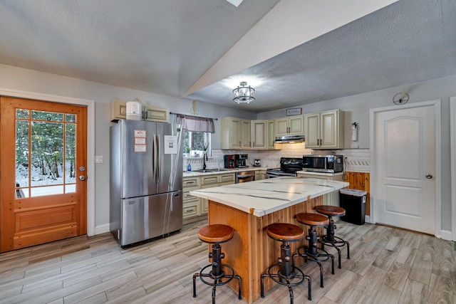 982 Long Ridge Rd, Hawley, PA 18428 - kitchen with light countertops, appliances with stainless steel finishes, under cabinet range hood, a sink, and cream cabinets