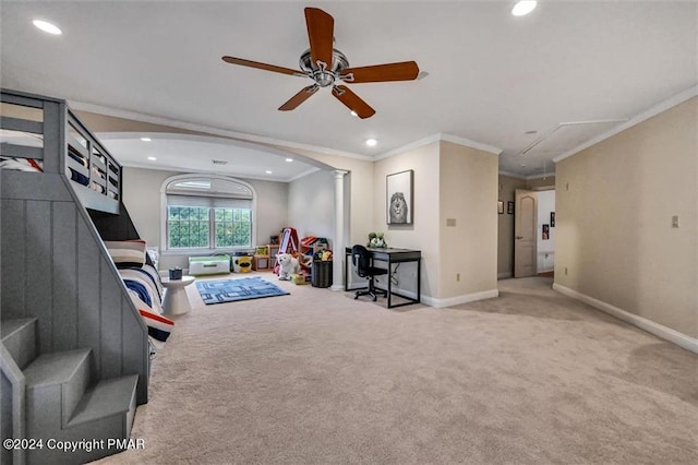 187 Eisenhart Blvd, Bangor, PA 18013 - carpeted living area featuring recessed lighting, a ceiling fan, baseboards, crown molding, and arched walkways
