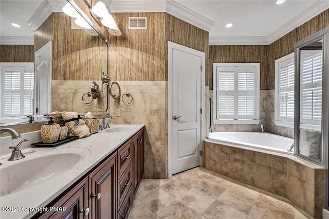 187 Eisenhart Blvd, Bangor, PA 18013 - full bathroom featuring crown molding, a bath, double vanity, tile walls, and recessed lighting