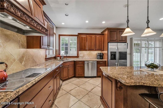 187 Eisenhart Blvd, Bangor, PA 18013 - kitchen with appliances with stainless steel finishes, premium range hood, backsplash, recessed lighting, and light stone countertops