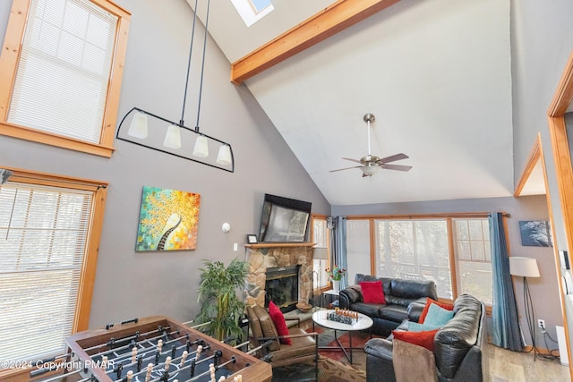 living area with plenty of natural light, a fireplace, wood finished floors, and beam ceiling