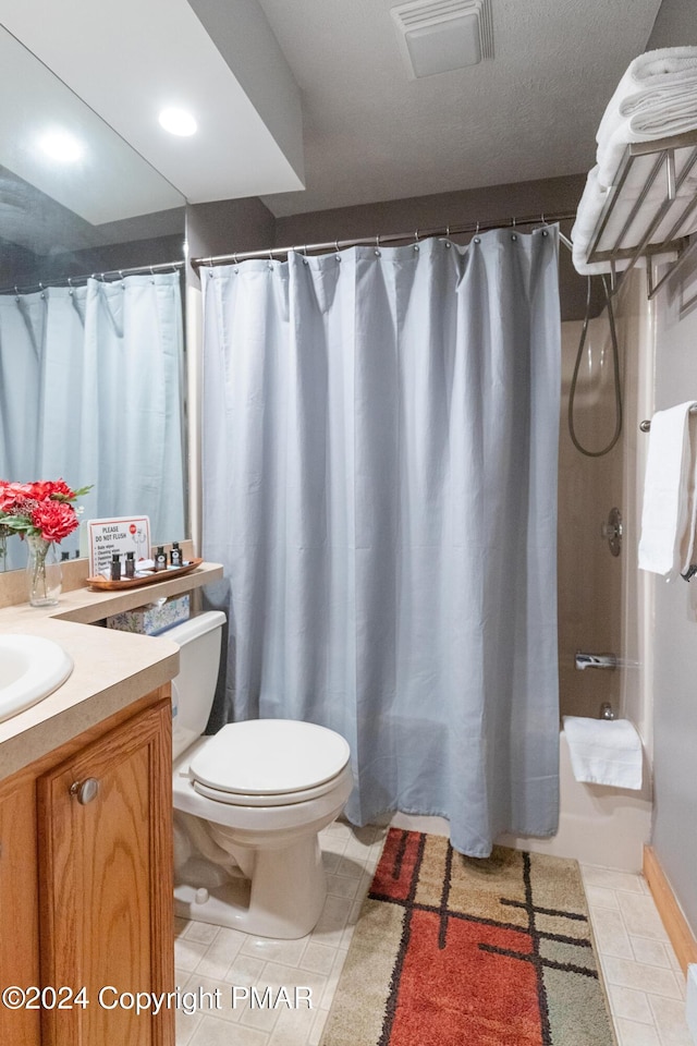 full bath featuring shower / tub combo, visible vents, toilet, tile patterned floors, and vanity