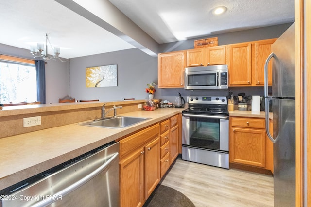 kitchen with light countertops, appliances with stainless steel finishes, a sink, and light wood-style floors