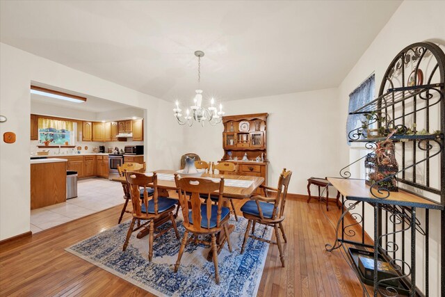 146 Bernadette Dr, Dingmans Ferry, PA 18328 - dining space featuring a chandelier, light wood-style flooring, and baseboards