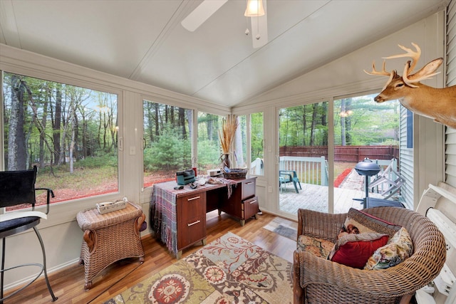 146 Bernadette Dr, Dingmans Ferry, PA 18328 - sunroom / solarium featuring a wooden deck, wood finished floors, vaulted ceiling, and ceiling fan
